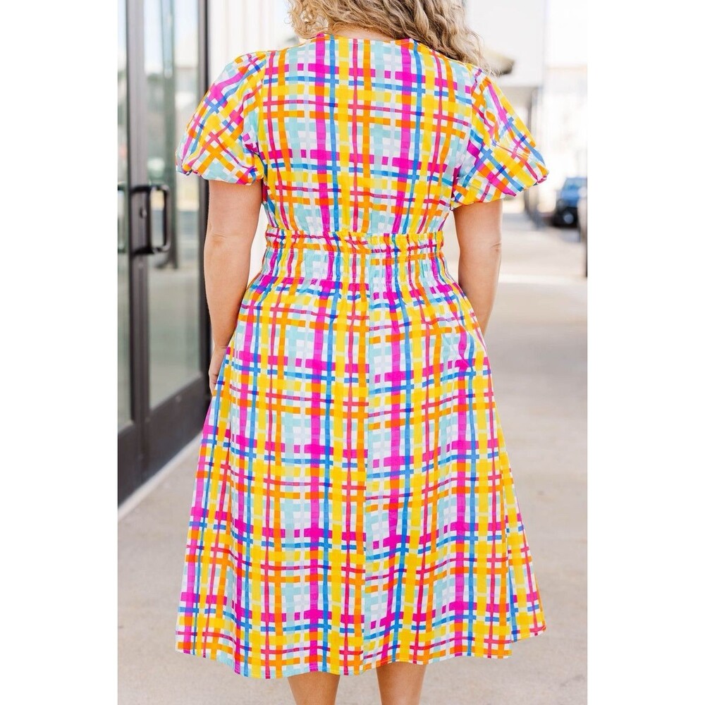 Plaid Midi Dress Colorful Stretch Smocked Waist Pink Yellow Blue NWT Sz 3X - Picture 7 of 16